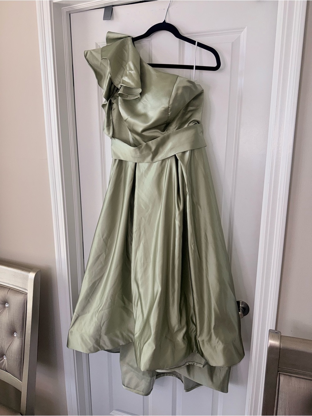 One-Shoulder Satin A-Line Dress in Sage
